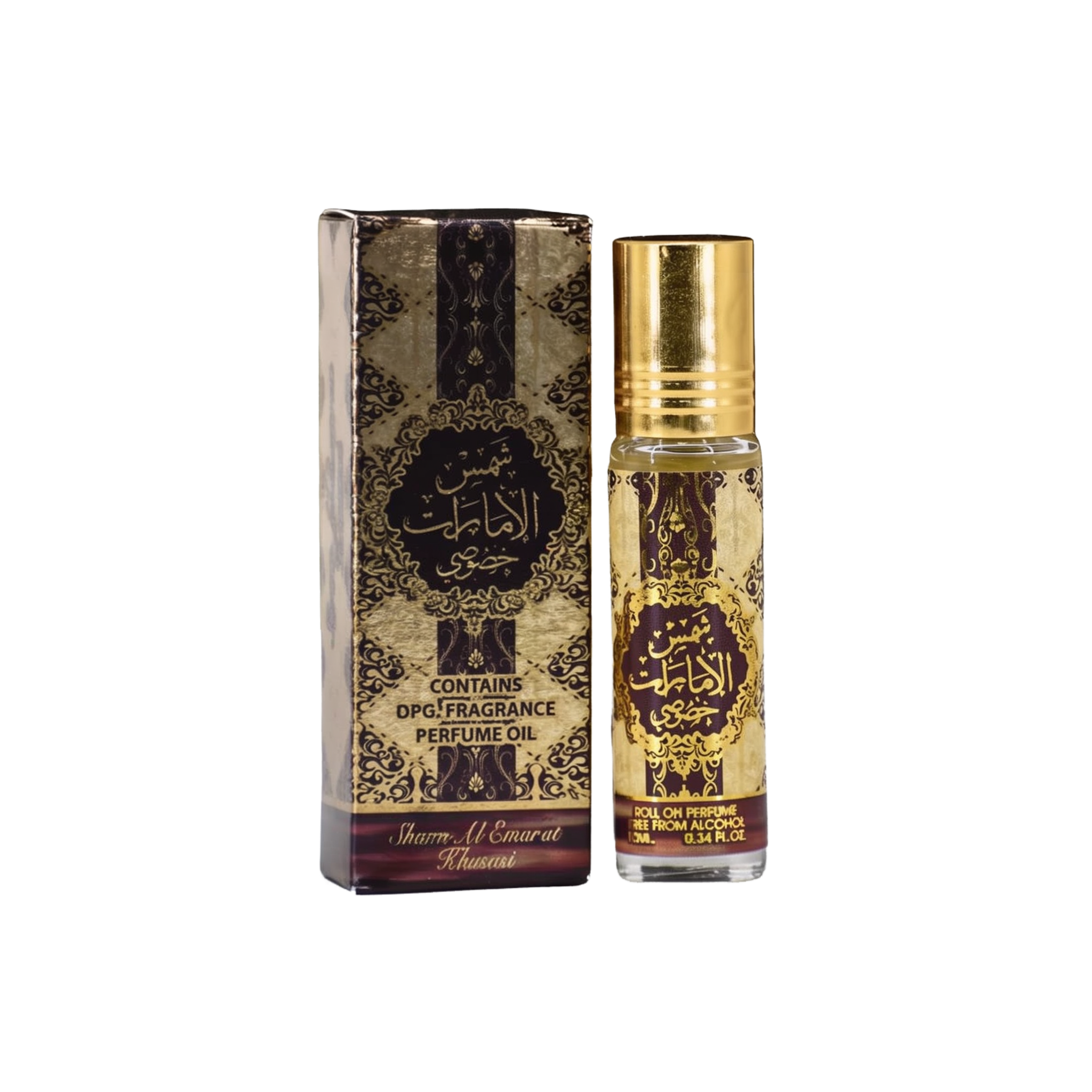 The image shows a product named "Shams Al Emarat Khususi," which is a roll-on perfume oil by Ard Al Zaafaran. The product is contained in a small 10 ml (0.34 fl. oz.) glass bottle with a golden cap. The bottle and its accompanying box feature an ornate de