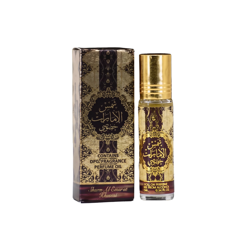 The image shows a product named "Shams Al Emarat Khususi," which is a roll-on perfume oil by Ard Al Zaafaran. The product is contained in a small 10 ml (0.34 fl. oz.) glass bottle with a golden cap. The bottle and its accompanying box feature an ornate de