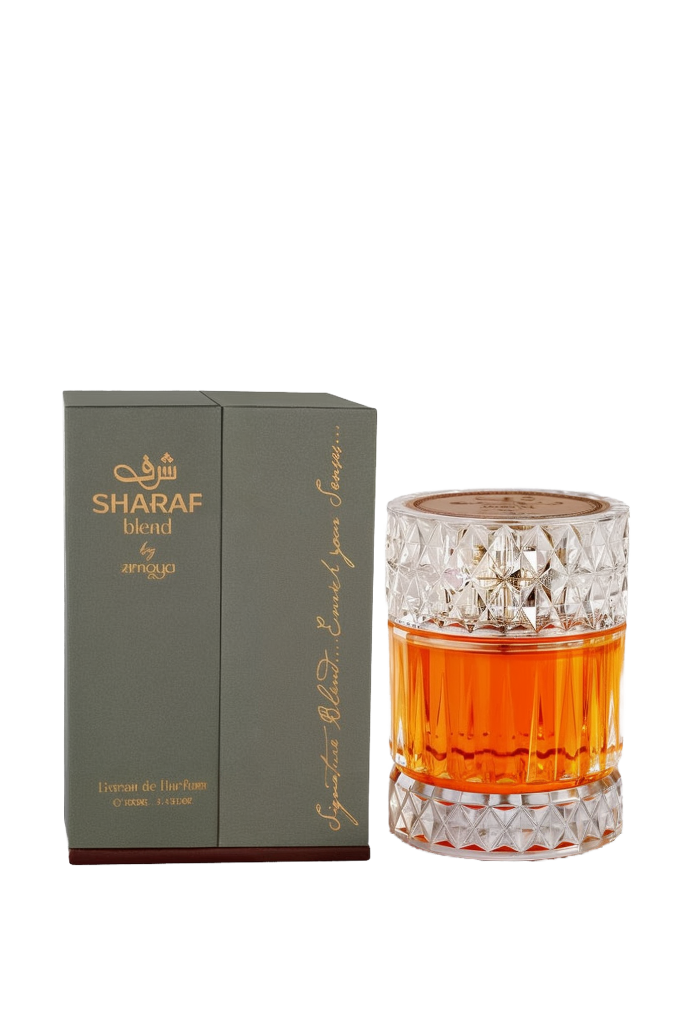 A cylindrical glass perfume bottle with a crystal-cut pattern at the top and bottom, filled with an amber-colored fragrance labeled “Sharaf Blend by Zimaya,” standing beside a dark green box embossed with gold Arabic and English text.