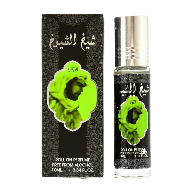 The image shows a product named "Sheikh Al Shuyukh," which is a roll-on perfume oil by Ard Al Zaafaran. The bottle and its accompanying box feature a black design with intricate patterns and a prominent green image of a person wearing traditional attire.