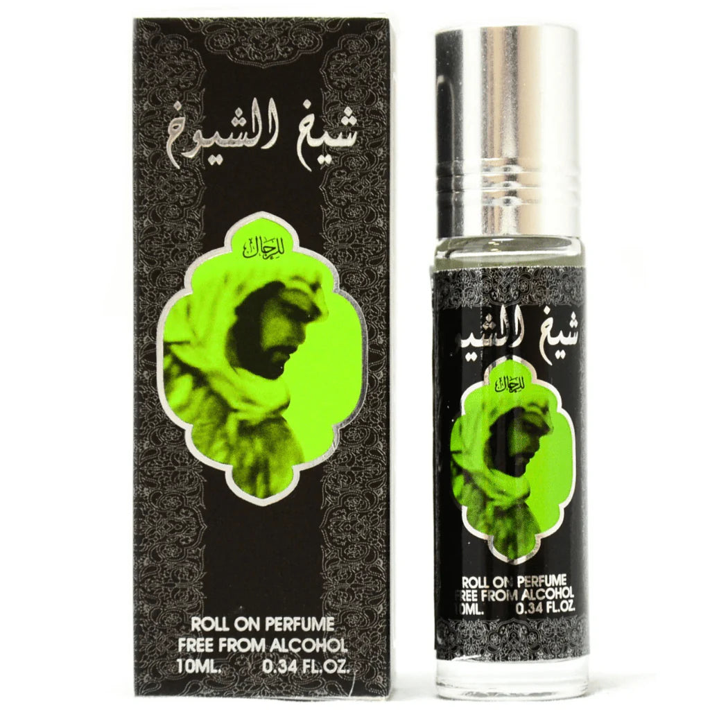 The image shows a product named "Sheikh Al Shuyukh," which is a roll-on perfume oil by Ard Al Zaafaran. The bottle and its accompanying box feature a black design with intricate patterns and a prominent green image of a person wearing traditional attire.