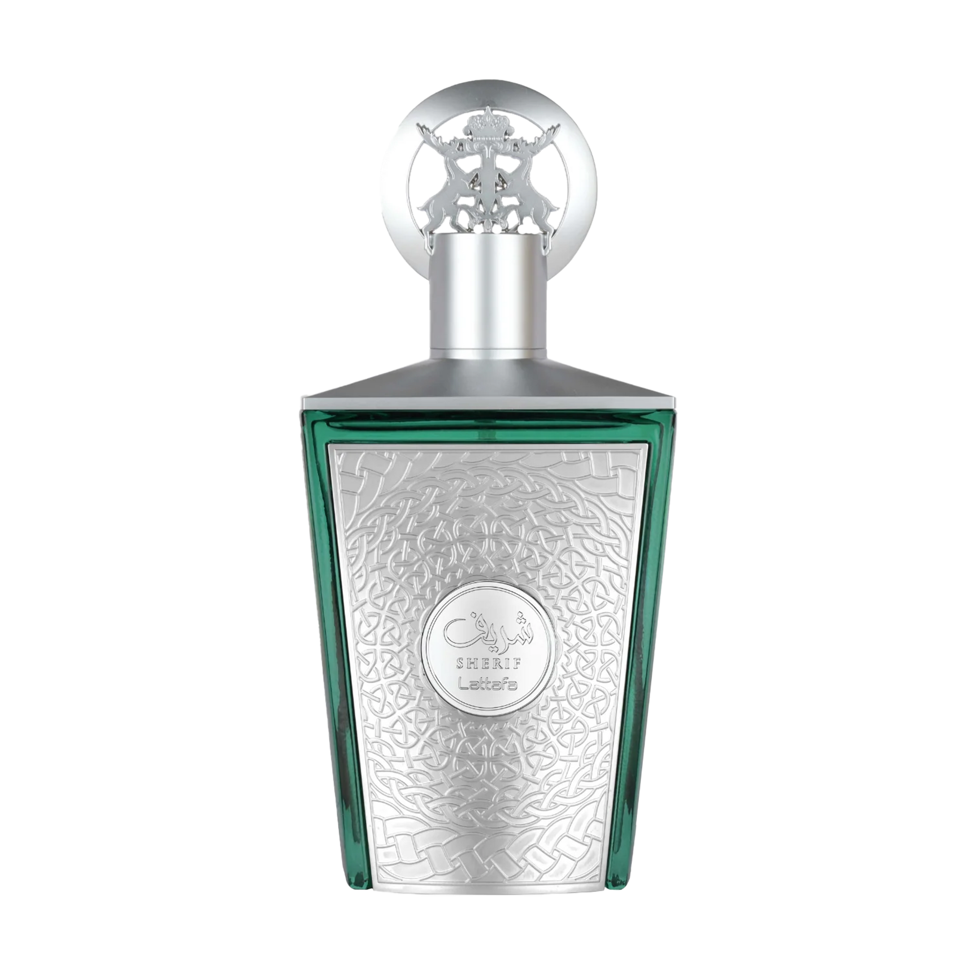 Green and silver perfume bottle with ornate embossed design and Sherif Lattafa branding on front.