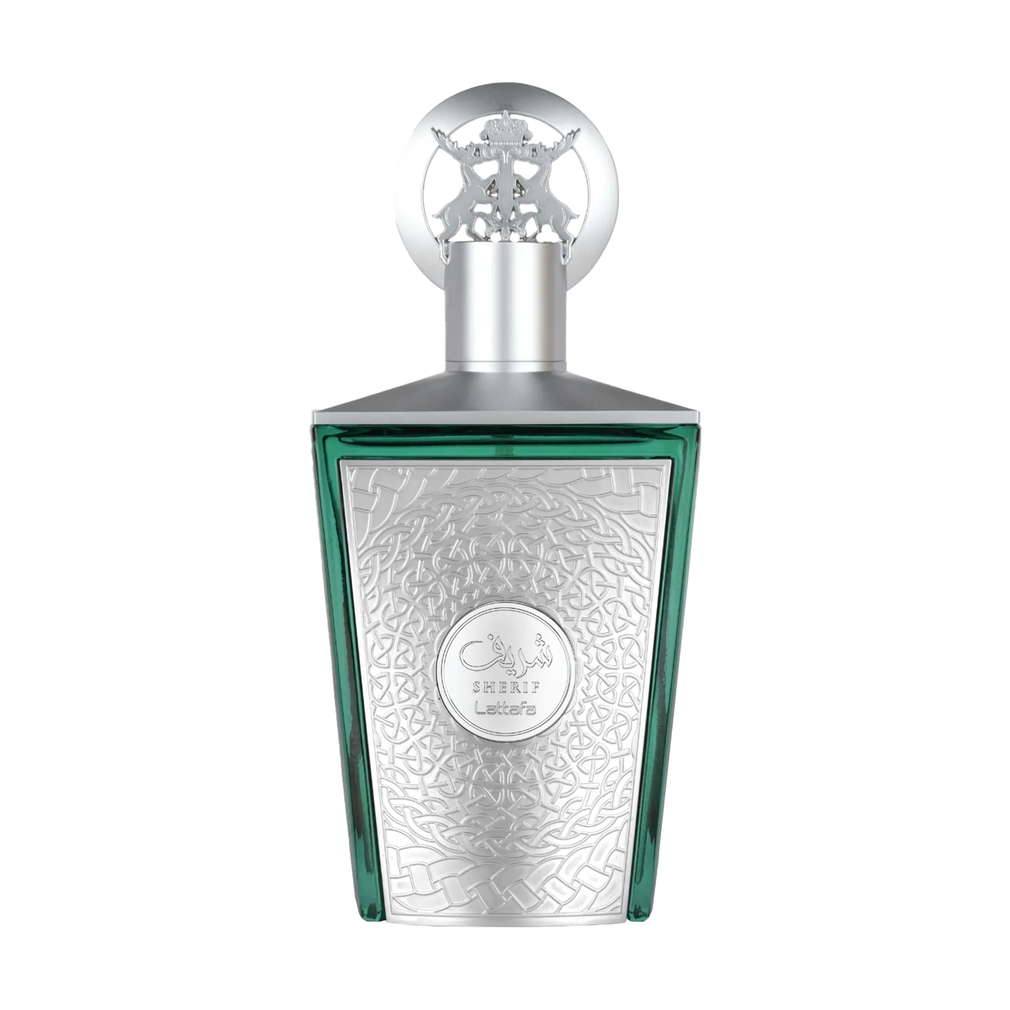 Green and silver perfume bottle with ornate embossed design and Sherif Lattafa branding on front.
