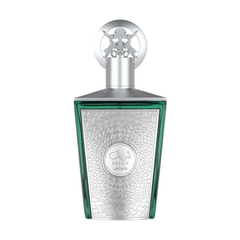 Green and silver perfume bottle with ornate embossed design and Sherif Lattafa branding on front.