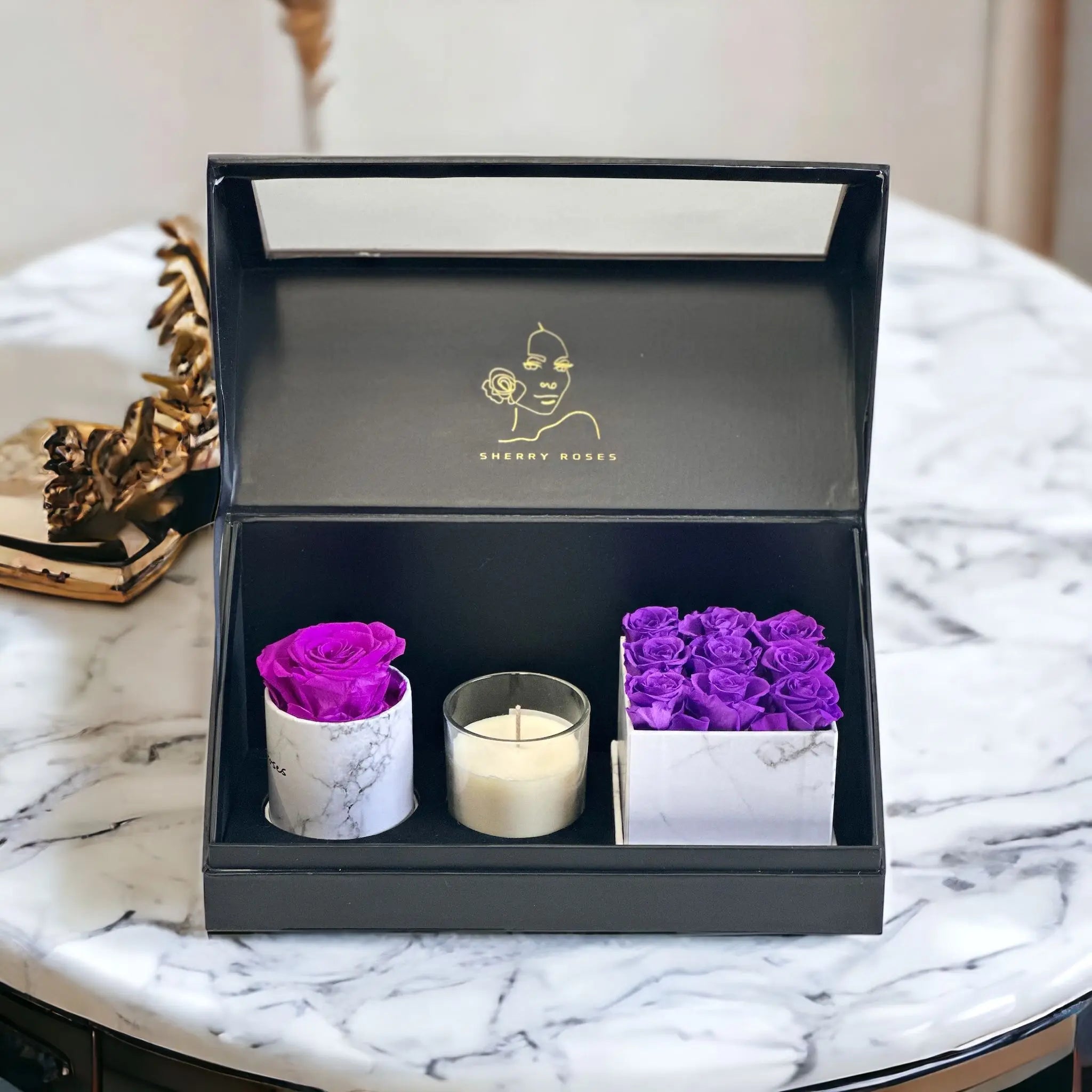 Sherry Deluxe Suede Bundle Rectangular Box + Roses and Candle  (Everlasting Roses) -  Armani gallery -  Armani Gallery