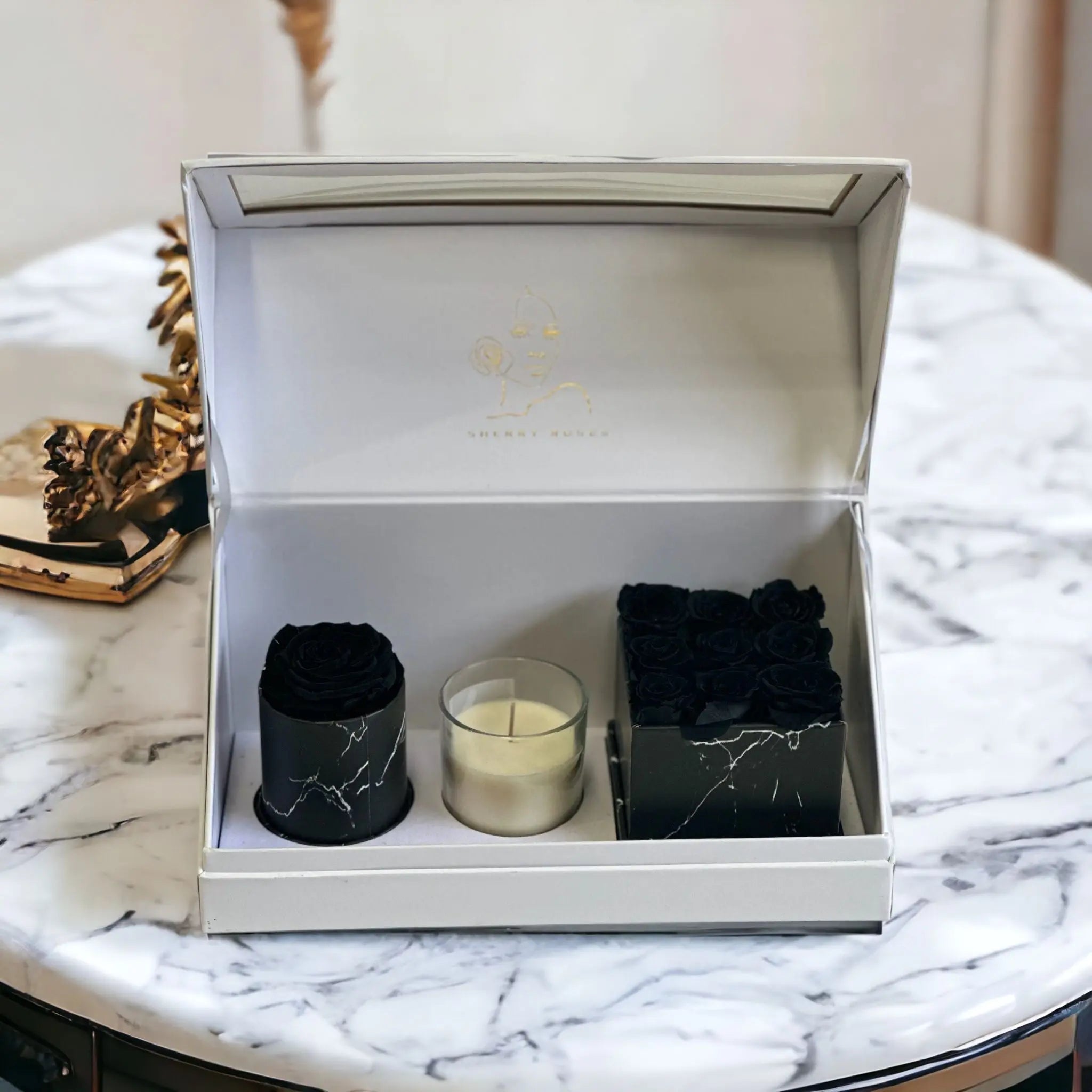 Sherry Deluxe Suede Bundle Rectangular Box + Roses and Candle  (Everlasting Roses) -  Armani gallery -  Armani Gallery