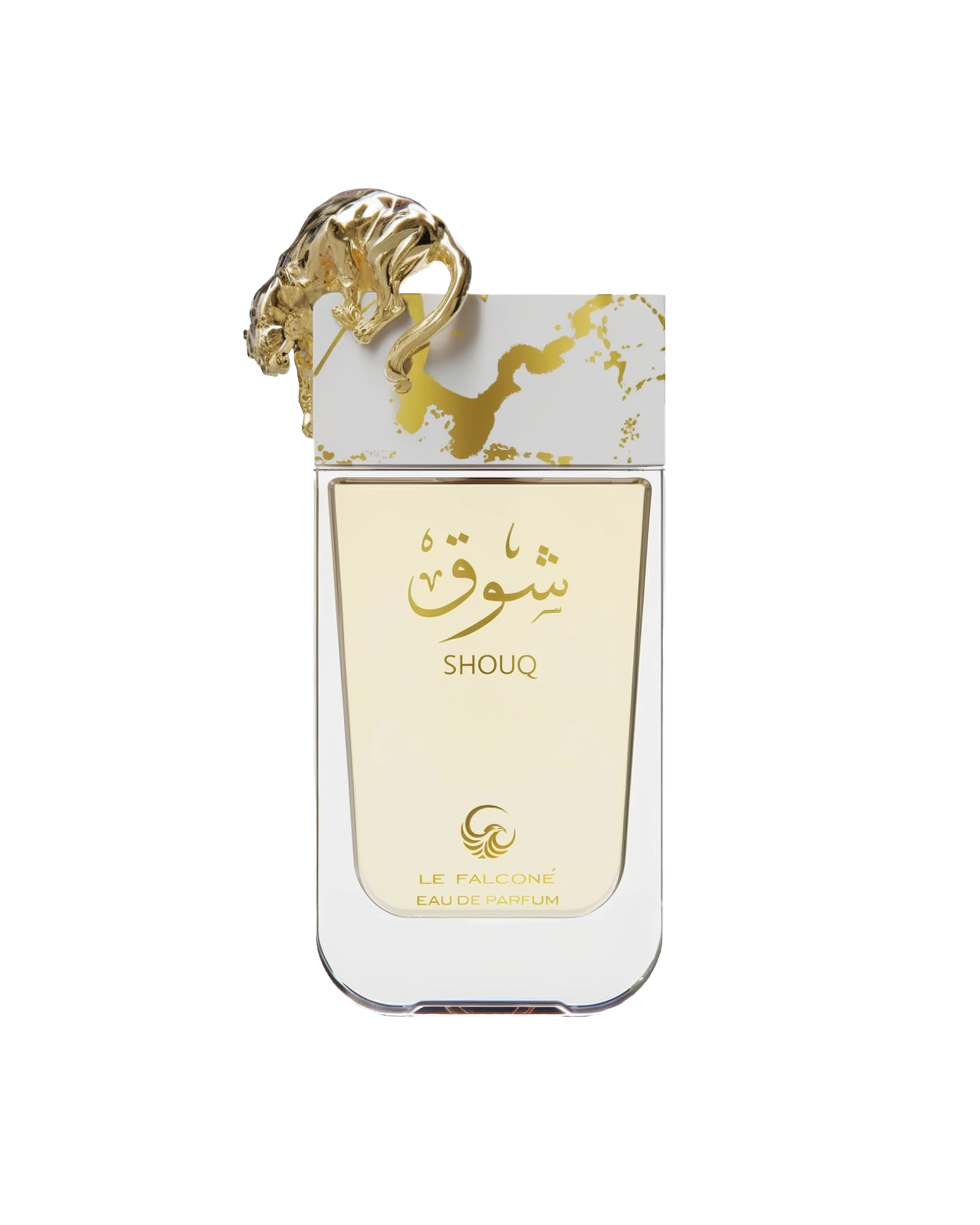 A rectangular, clear glass perfume bottle with pale gold liquid, featuring Arabic calligraphy and the word ‘Shouq’ in gold, topped by a sculpted gold big cat, and labeled ‘Le Falcone Eau De Parfum’ at the bottom.