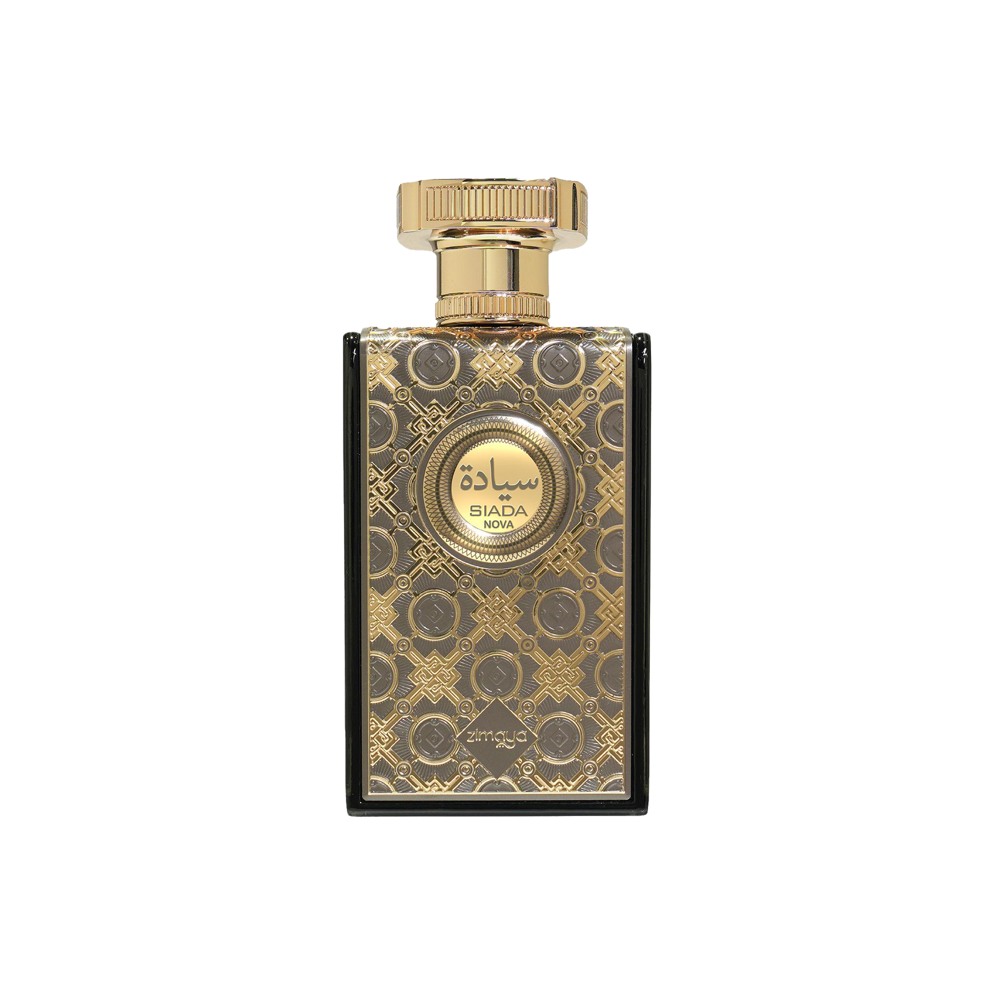 Rectangular perfume bottle with ornate gold patterned front and Siada Nova Zimaya branding on label.