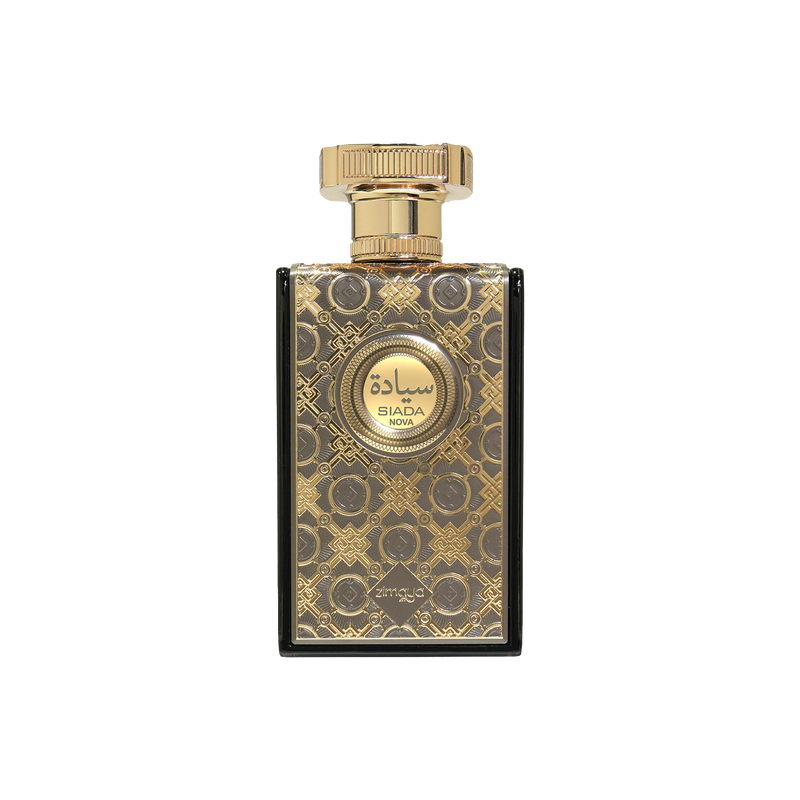 Rectangular perfume bottle with ornate gold patterned front and Siada Nova Zimaya branding on label.