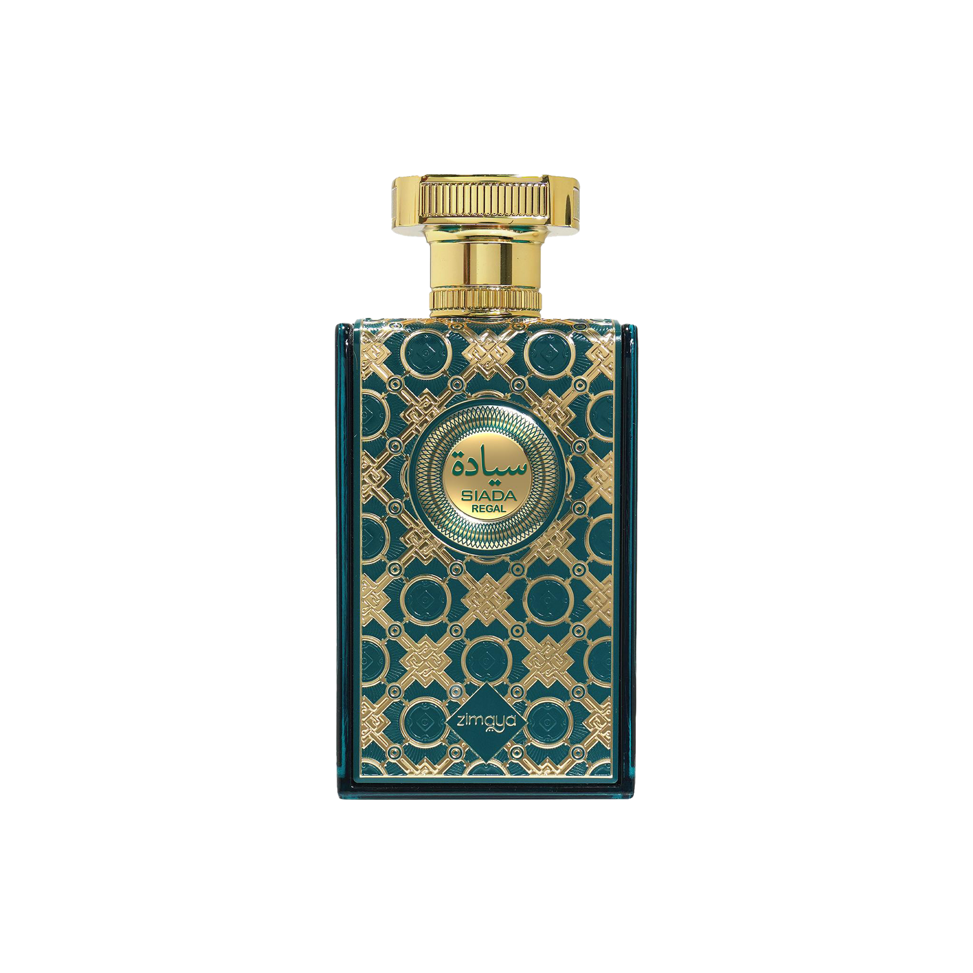 Rectangular perfume bottle with gold patterned front, green accents, and Siada Regal Zimaya branding.