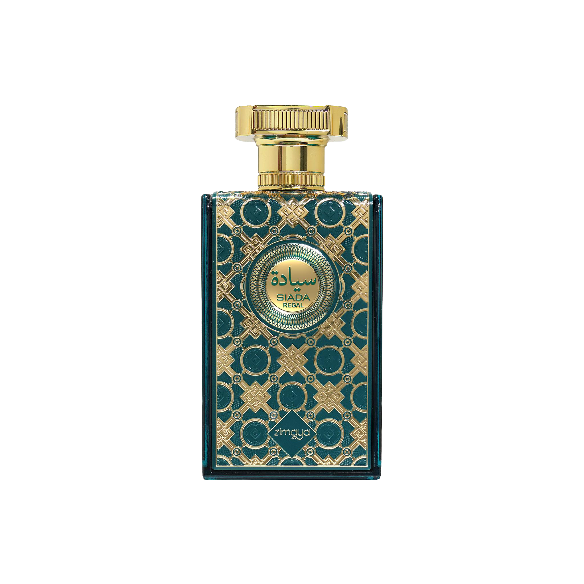 Rectangular perfume bottle with gold patterned front, green accents, and Siada Regal Zimaya branding.