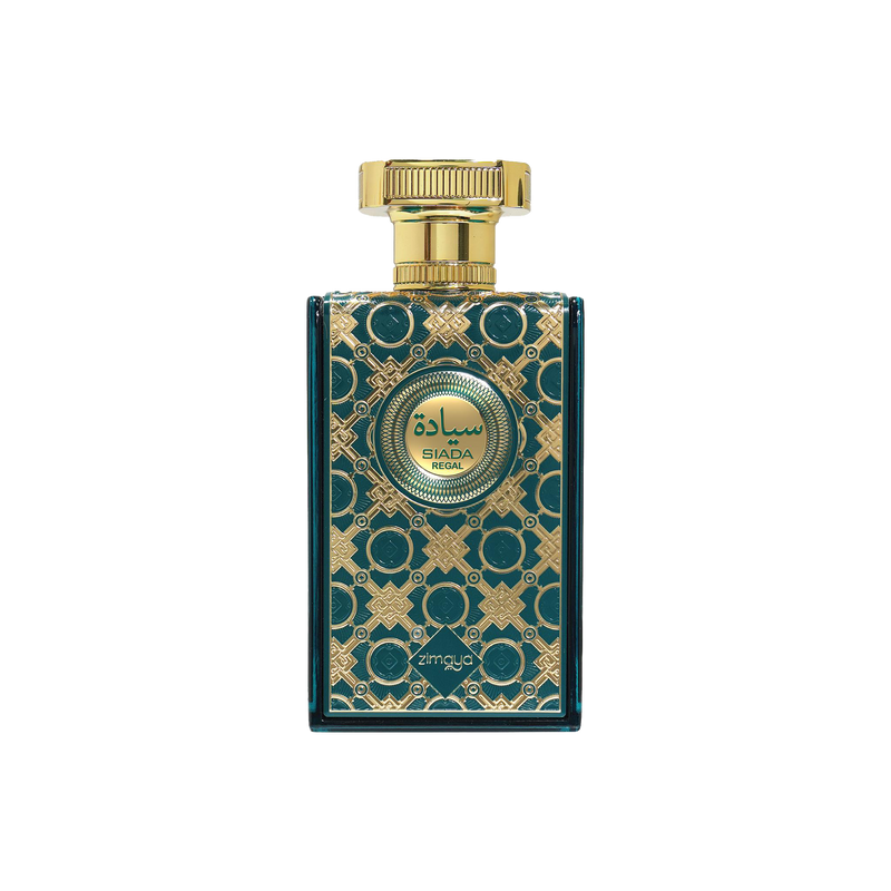 Rectangular perfume bottle with gold patterned front, green accents, and Siada Regal Zimaya branding.