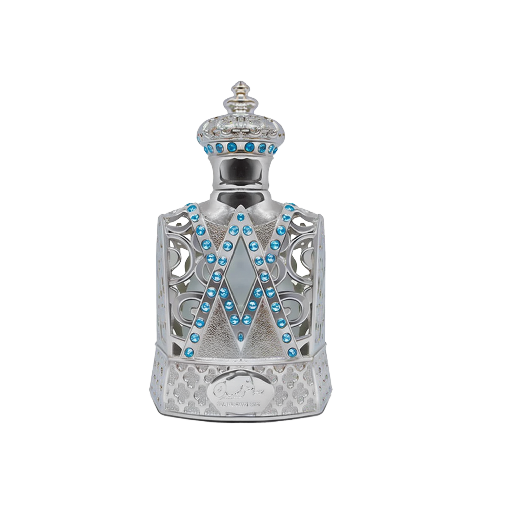 The image depicts a highly ornate perfume bottle with a design that mimics the aesthetic of royal regalia. The bottle is predominantly silver with intricate filigree work and is adorned with a pattern of bright blue gemstones arranged in V-shaped lines along the front. The neck and shoulder of the bottle are also embellished with blue gems and delicate silver patterns, leading up to a crowned cap that features similar gemstones and a studded pattern.