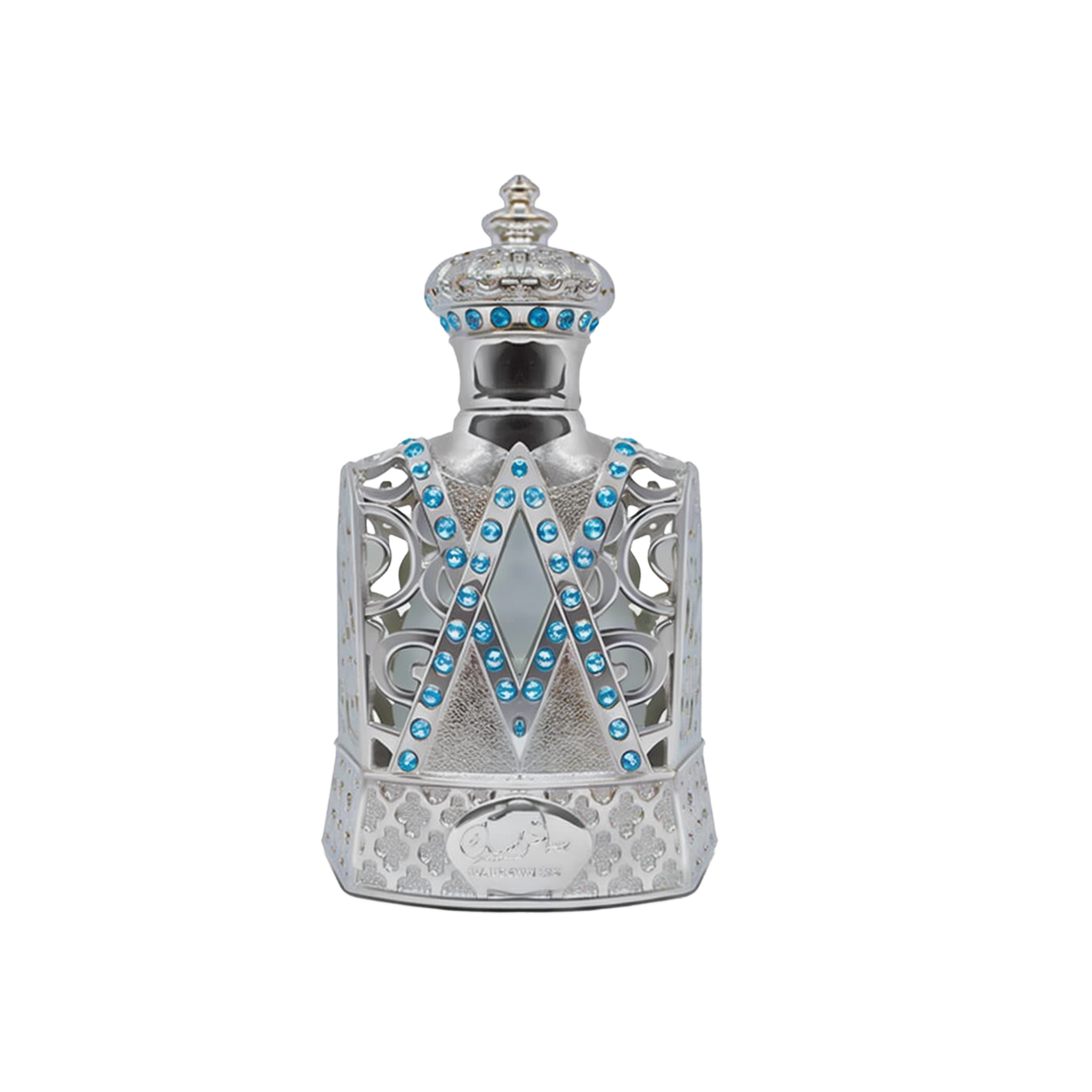 The image depicts a highly ornate perfume bottle with a design that mimics the aesthetic of royal regalia. The bottle is predominantly silver with intricate filigree work and is adorned with a pattern of bright blue gemstones arranged in V-shaped lines along the front. The neck and shoulder of the bottle are also embellished with blue gems and delicate silver patterns, leading up to a crowned cap that features similar gemstones and a studded pattern.