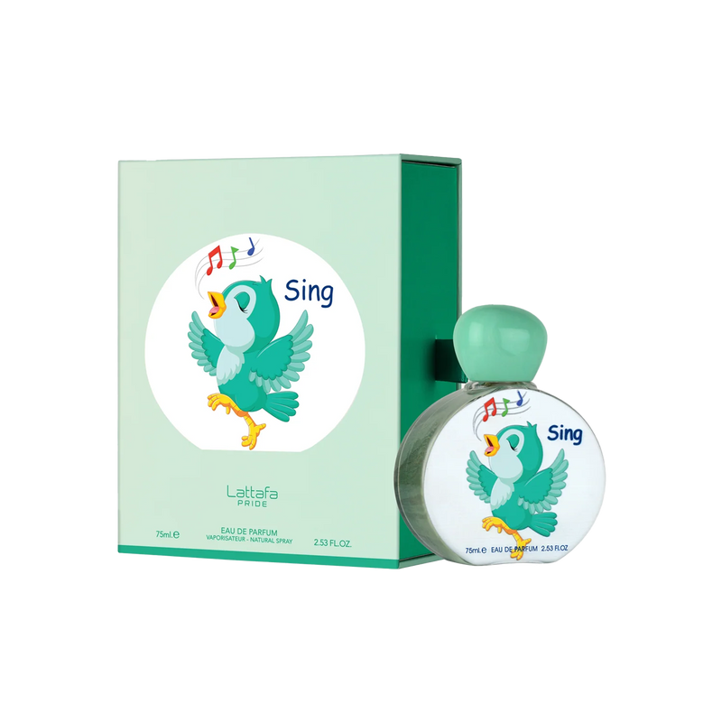 Lattafa Sing perfume with mint green box and round bottle featuring a singing cartoon bird.