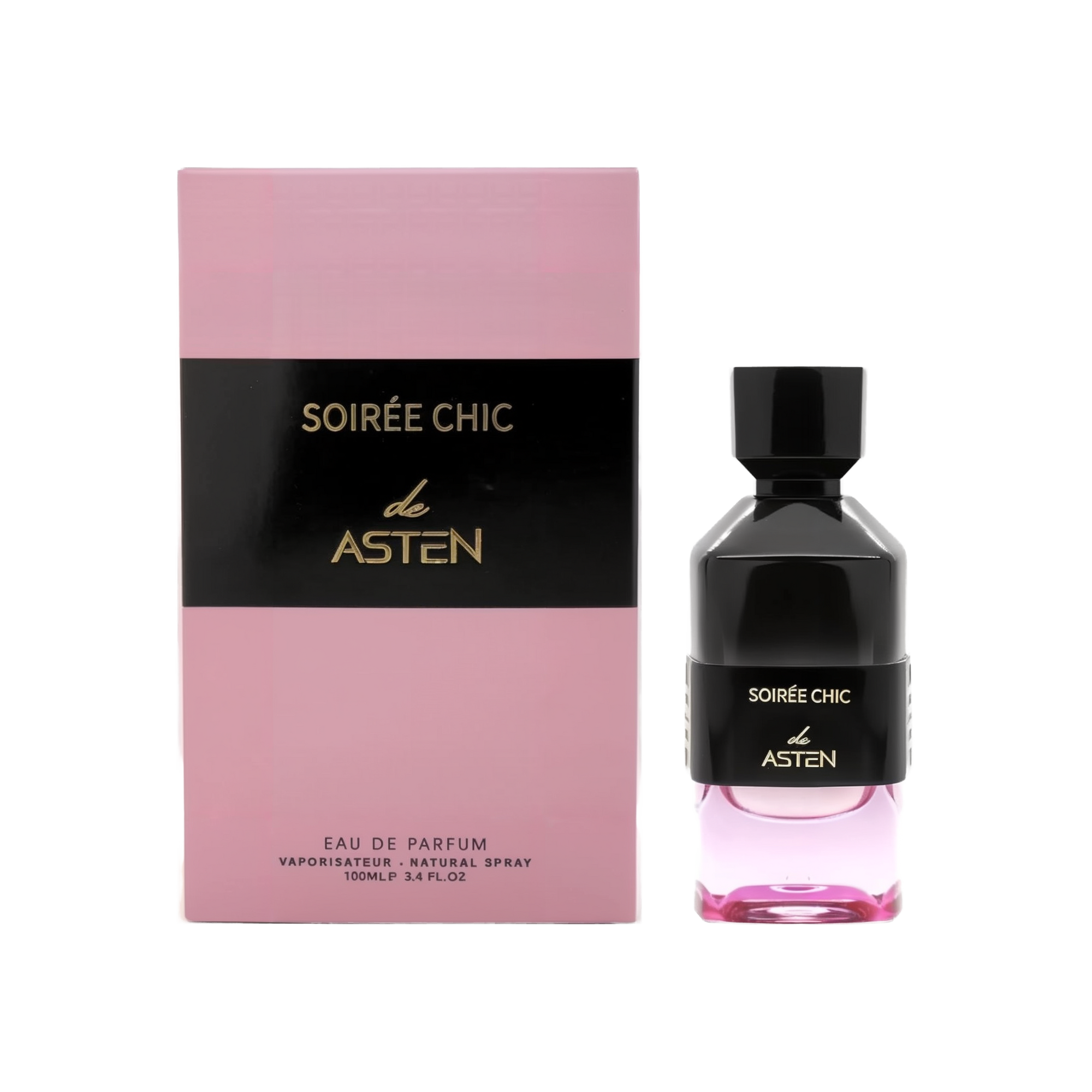 A rectangular pink box with a black band and gold lettering reading “Soirée Chic de Asten,” shown alongside a coordinating perfume bottle featuring a black cap and top half over a pink glass base. The bottle is labeled with the same text, and the box indicates it is an Eau De Parfum (100 ml / 3.4 fl oz).