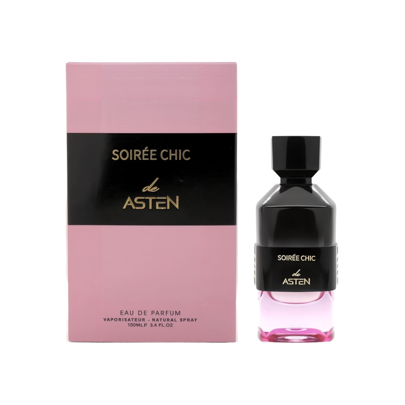 A rectangular pink box with a black band and gold lettering reading “Soirée Chic de Asten,” shown alongside a coordinating perfume bottle featuring a black cap and top half over a pink glass base. The bottle is labeled with the same text, and the box indicates it is an Eau De Parfum (100 ml / 3.4 fl oz).