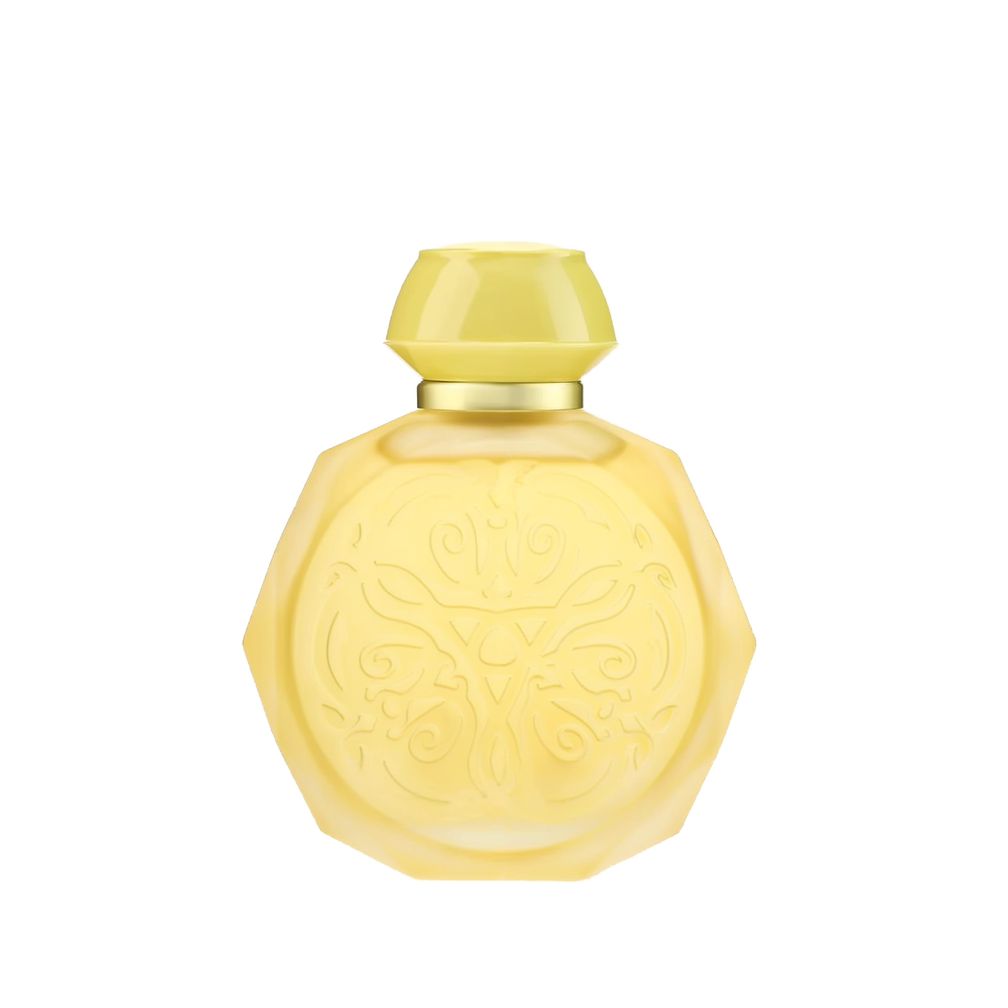 A yellow octagonal perfume bottle with intricate embossed designs on the front. The bottle features a matching yellow cap and a gold collar, adding a touch of elegance to its vibrant appearance. The design elements give the bottle a sophisticated and luxurious look, perfect for a high-end fragrance.