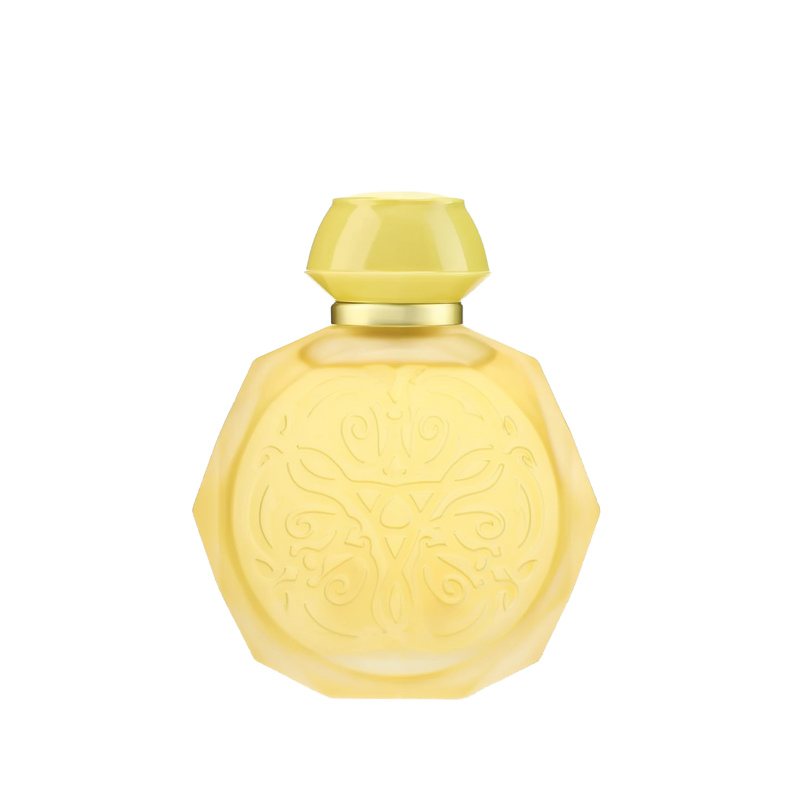 A yellow octagonal perfume bottle with intricate embossed designs on the front. The bottle features a matching yellow cap and a gold collar, adding a touch of elegance to its vibrant appearance. The design elements give the bottle a sophisticated and luxurious look, perfect for a high-end fragrance.