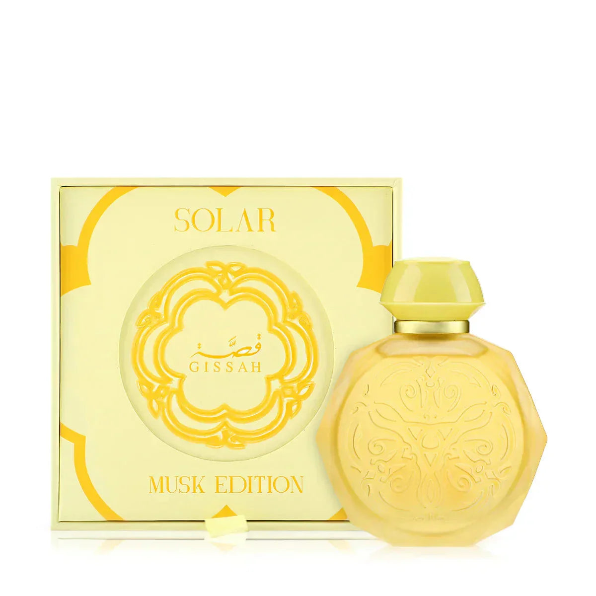 A yellow octagonal perfume bottle with intricate embossed designs on the front, paired with a matching yellow cap and gold collar. The bottle is displayed next to its elegant yellow box, labeled "Solar Musk Edition" with the Gissah brand name prominently featured. The box design includes ornate patterns and accents that complement the luxurious and vibrant appearance of the bottle.