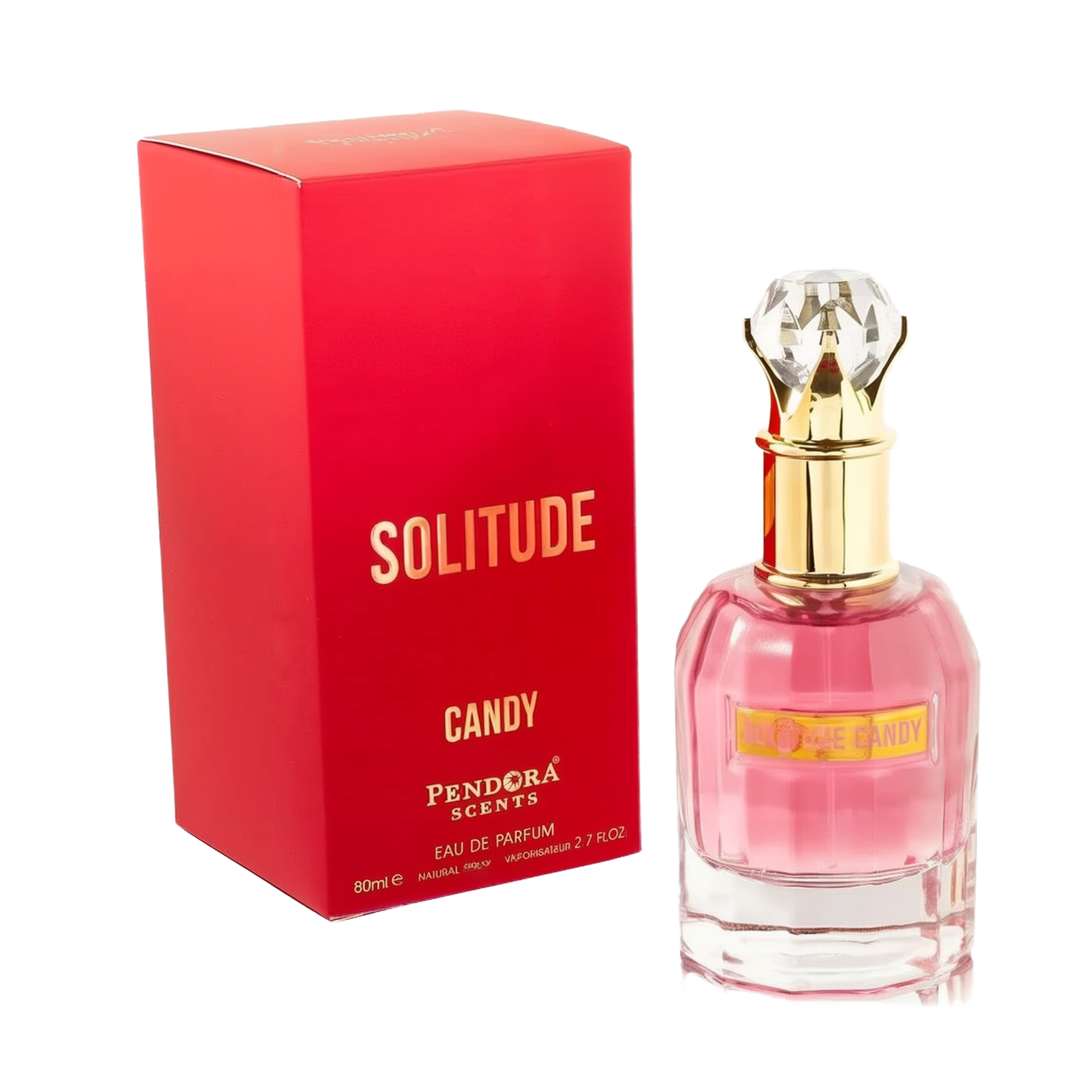 This image features the "Solitude Candy" Eau de Parfum by Pendora Scents. The bottle has a rounded, faceted design with a soft pink liquid inside. It is topped with a decorative gold cap that holds a clear, gem-like crystal. The product name "Solitude Can