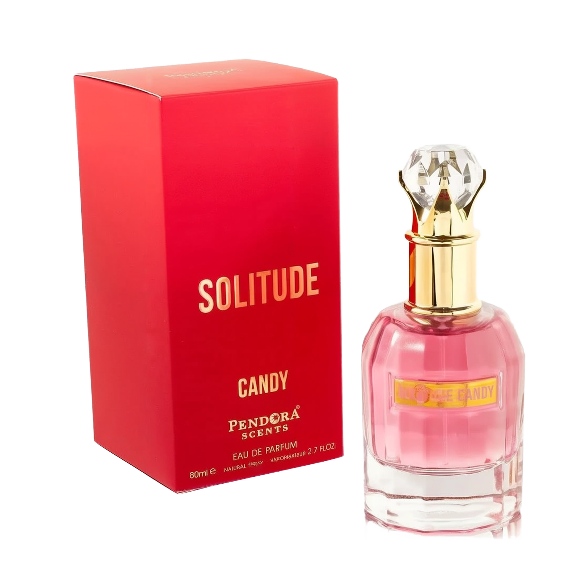 This image features the "Solitude Candy" Eau de Parfum by Pendora Scents. The bottle has a rounded, faceted design with a soft pink liquid inside. It is topped with a decorative gold cap that holds a clear, gem-like crystal. The product name "Solitude Can