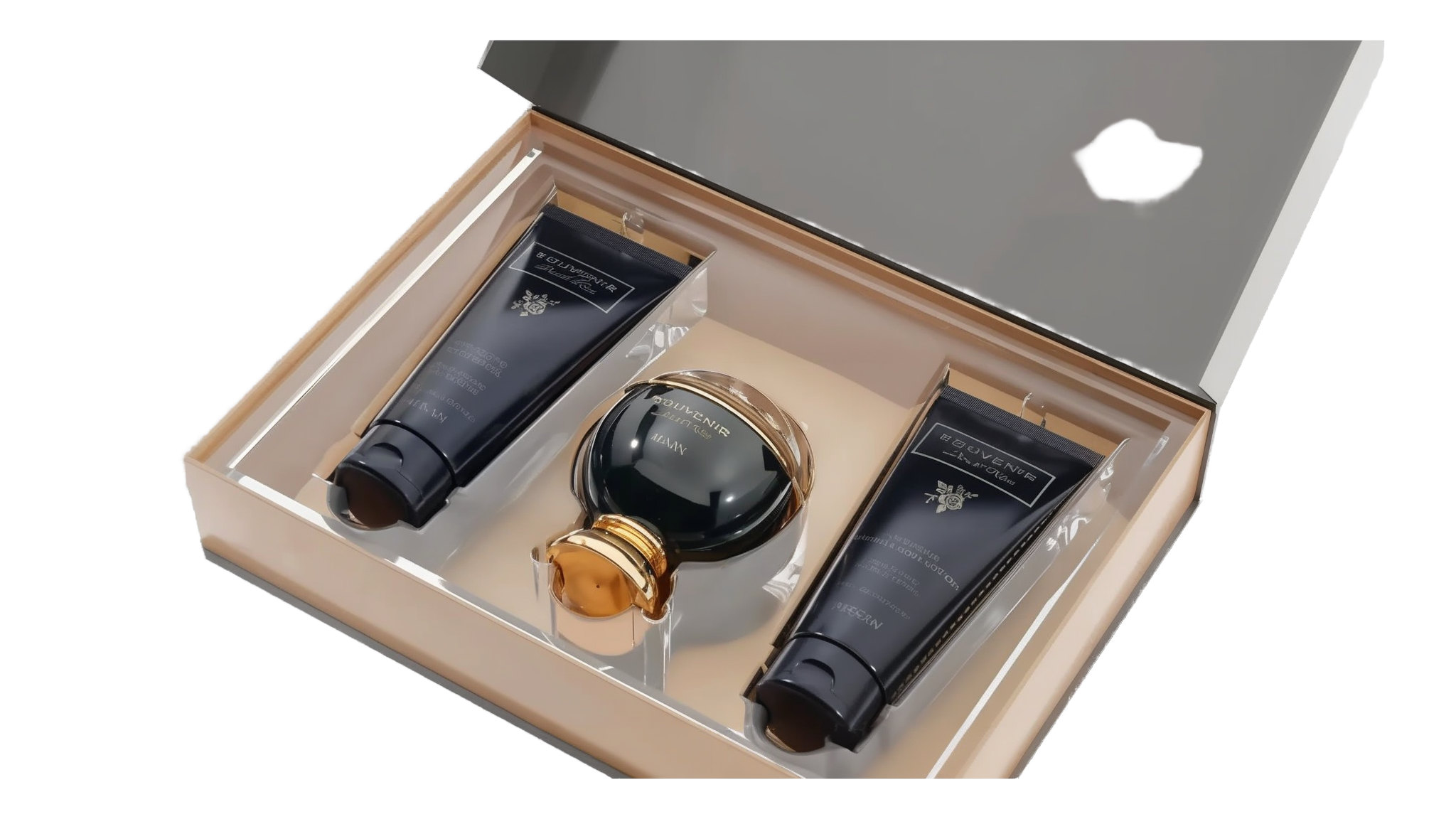 The image shows an elegant gift set by Afnan Perfumes from their "SOUVENIR Desert Rose" collection. The set is displayed in a beige presentation box with a clear lid, revealing its contents. Inside, there is a dark, glossy perfume bottle with a spherical design and a golden cap, positioned centrally. On either side of the perfume bottle are two matching dark tubes.  Both tubes and the perfume bottle feature the "SOUVENIR Desert Rose" branding in elegant gold lettering