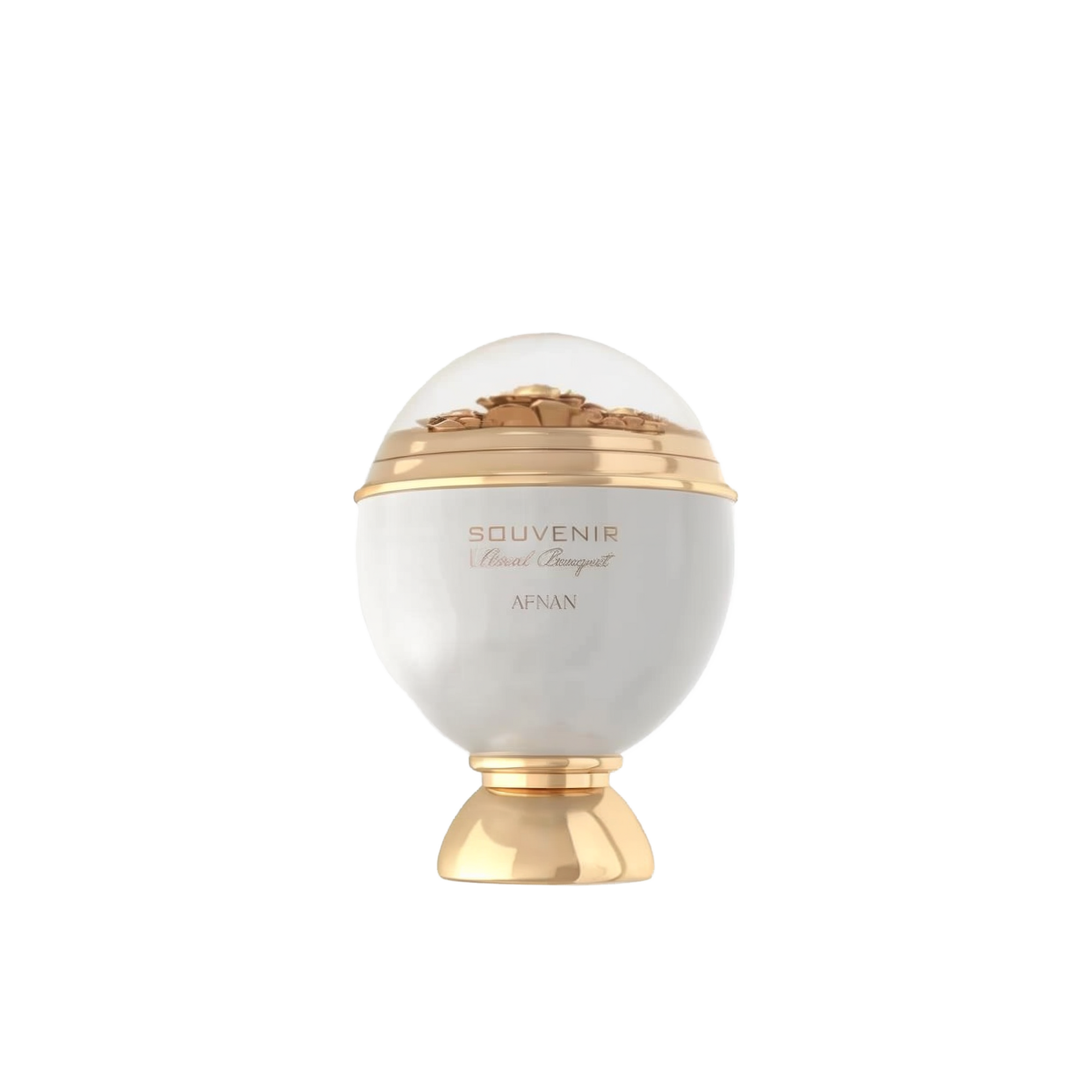 The image shows an elegant perfume bottle designed in the shape of an ornate sphere. The bottle is predominantly white with gold accents, including a gold base and a gold band around the middle. The top half of the bottle is transparent, showcasing intricate floral decorations inside. The label on the front reads "Souvenir Floral Bouquet by Afnan" in stylish, gold lettering.