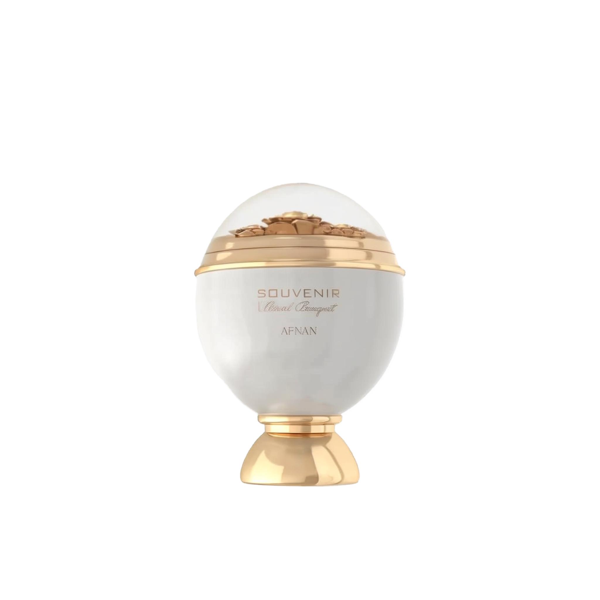 The image shows an elegant perfume bottle designed in the shape of an ornate sphere. The bottle is predominantly white with gold accents, including a gold base and a gold band around the middle. The top half of the bottle is transparent, showcasing intricate floral decorations inside. The label on the front reads "Souvenir Floral Bouquet by Afnan" in stylish, gold lettering.