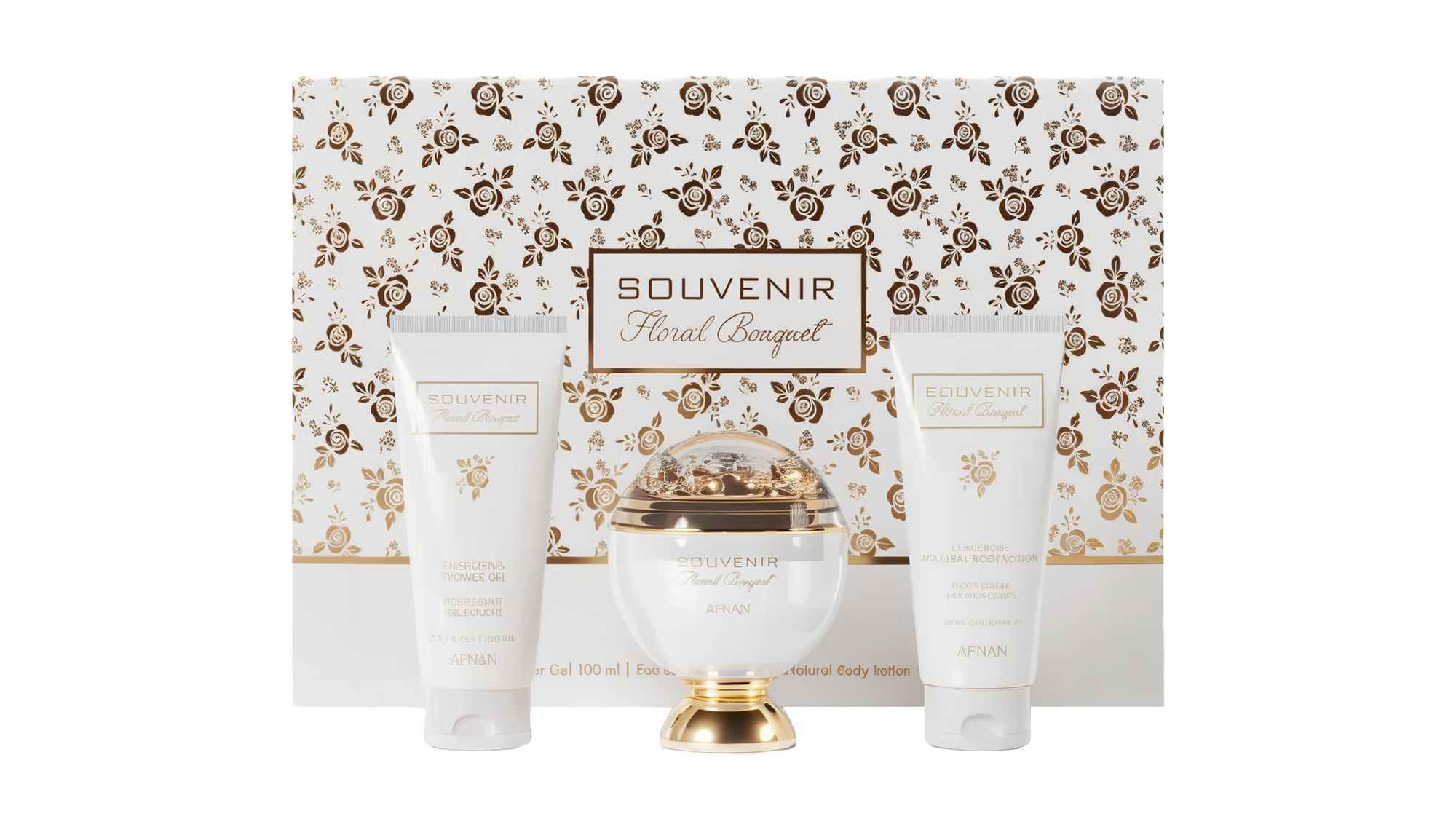 A gift set of the Souvenir Floral Bouquet by Afnan Perfumes. The packaging features an elegant floral design in gold and white. The set includes a luxurious perfume bottle with a gold and white design, an Energizing Shower Gel, and a Lusterous Natural Bod