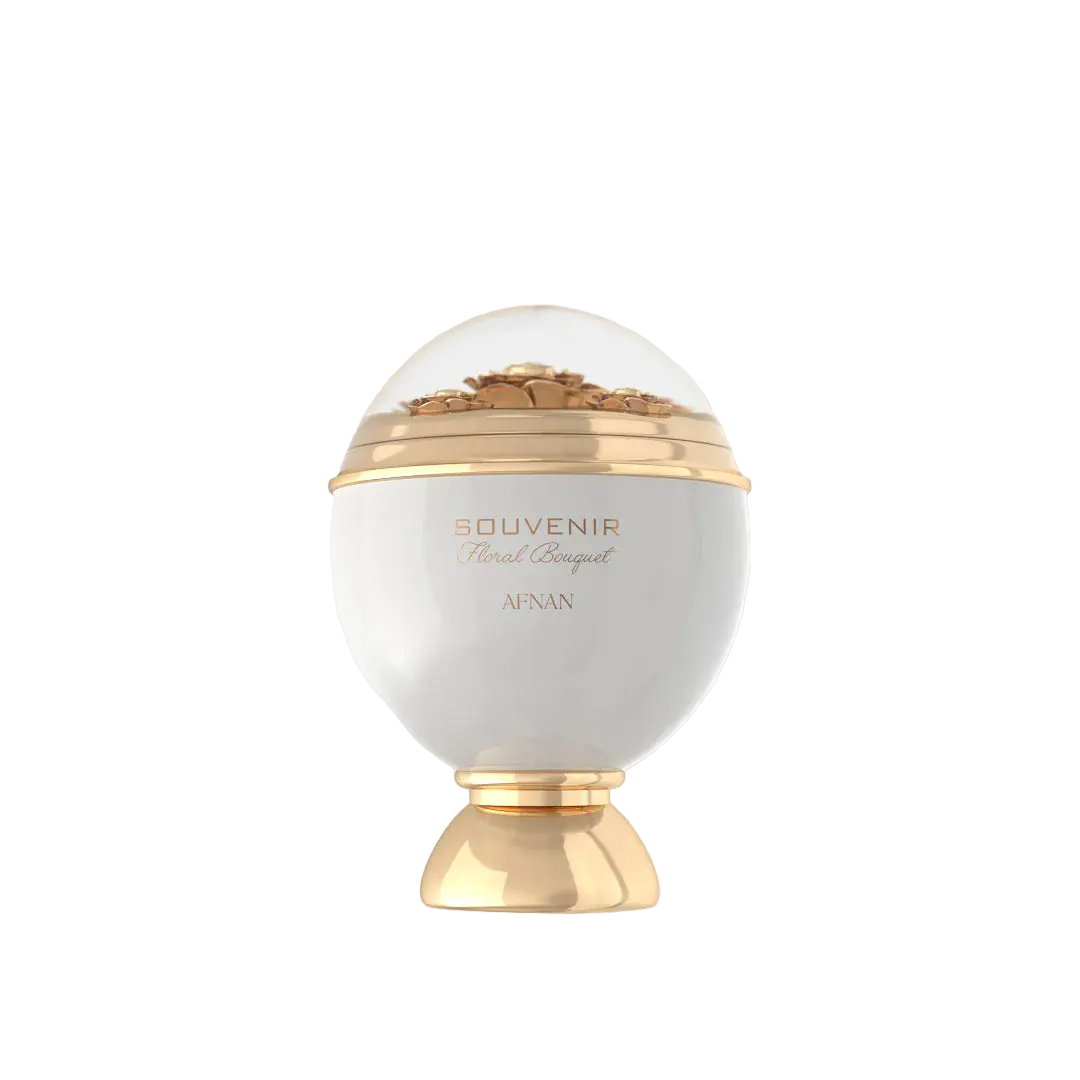 The image shows an elegant perfume bottle designed in the shape of an ornate sphere. The bottle is predominantly white with gold accents, including a gold base and a gold band around the middle. The top half of the bottle is transparent, showcasing intricate floral decorations inside. The label on the front reads "Souvenir Floral Bouquet by Afnan" in stylish, gold lettering.