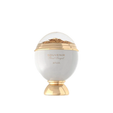 The image shows an elegant perfume bottle designed in the shape of an ornate sphere. The bottle is predominantly white with gold accents, including a gold base and a gold band around the middle. The top half of the bottle is transparent, showcasing intricate floral decorations inside. The label on the front reads "Souvenir Floral Bouquet by Afnan" in stylish, gold lettering.