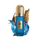 An image featuring a cylindrical perfume bottle with a striking blue color and vertical ribbed texture. The bottle has a luxurious gold cap and a label stating "SPANISH TOBACCO" in bold, with "Extrait de parfum 100 ml 3.4 fl.oz." underneath. Accompanying the bottle are visual elements like a dried brown tobacco leaf, an ornate golden-brown container, and vibrant blue ink or liquid splashing dynamically around the bottle. 