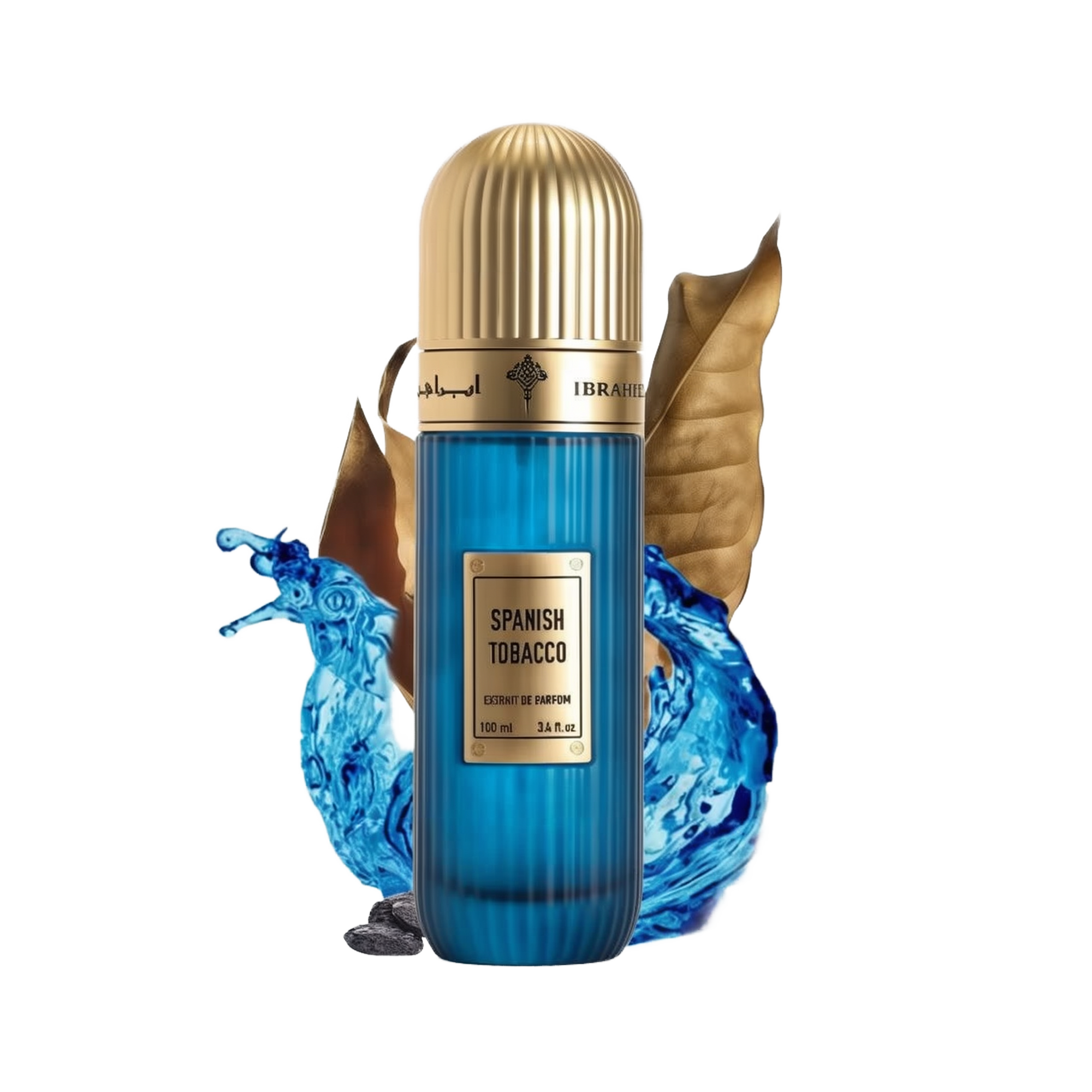 An image featuring a cylindrical perfume bottle with a striking blue color and vertical ribbed texture. The bottle has a luxurious gold cap and a label stating "SPANISH TOBACCO" in bold, with "Extrait de parfum 100 ml 3.4 fl.oz." underneath. Accompanying the bottle are visual elements like a dried brown tobacco leaf, an ornate golden-brown container, and vibrant blue ink or liquid splashing dynamically around the bottle. 