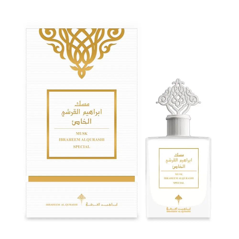 A product image featuring a white perfume bottle with a detailed rose gold lattice-designed cap next to its white packaging box. Both the bottle and box have golden accents and display the name 'MUSK IBRAHEEM ALQURASHI SPECIAL' in English and Arabic calligraphy. The box has a golden geometric pattern at the top, and the bottom features the brand name 'IBRAHEEM AL.QURASHI' with a small logo below. 