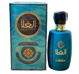 The image shows a bottle of "AL GHALA" eau de parfum next to its packaging. The perfume bottle is metallic teal with gold accents and Arabic calligraphy, and a black, glossy cap with a gold band. The packaging mirrors the bottle's design with a similar color scheme and features a circular cut-out window through which the bottle can be viewed. It also includes the text "Vaporisateur - Natural Spray" along with the volume "100ml EAU DE PARFUM 3.4 FL OZ."