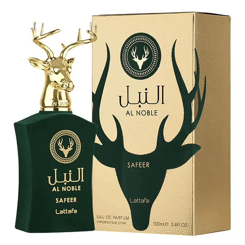 n image of a perfume set including a dark green bottle with a gold deer head cap and a gold box. The bottle has gold lettering that says "AL NOBLE," "SAFEER," and "Lattafa," with a circular stag logo. The box mirrors this design with a stag silhouette and the same text, stating "Eau de Parfum, 100ml, 3.4fl.oz."
