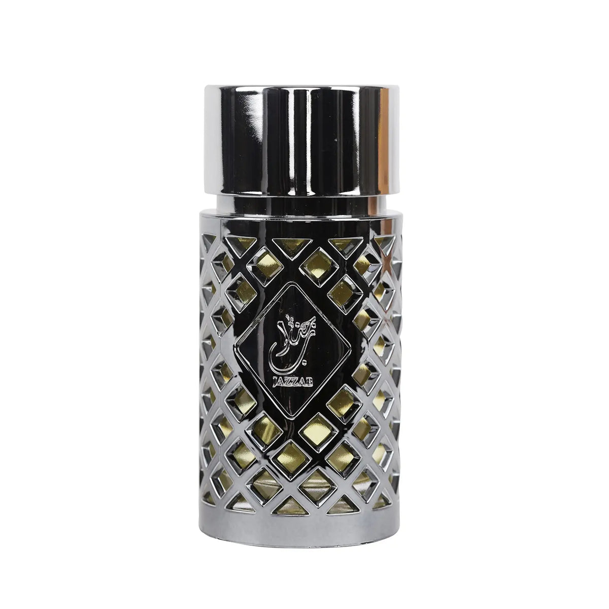 The image displays a cylindrical perfume bottle with a metallic silver finish and a black cap. It features a lattice design with diamond-shaped cutouts revealing a dark perfume inside. A black label with the name "Jazzab" in Arabic calligraphy and the brand "Ard Al Zaafaran" is placed in the center of the bottle. The overall aesthetic suggests a modern and sophisticated fragrance product.