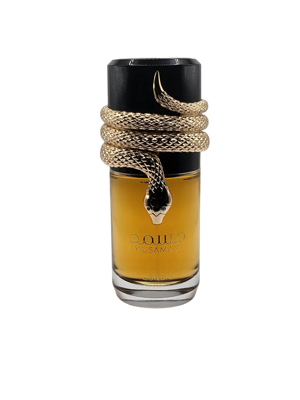 The image depicts a perfume bottle with the following details:  The bottle contains amber-colored liquid, suggesting the presence of perfume inside. It has a unique design featuring a thick, gold-colored rope wrapped around the neck of the bottle, ending with a tail-like design at the top. The cap of the bottle is black, contrasting with the gold rope design. The front of the bottle has the brand name in black, stylized font that reads "مسامم" (Musamam) and "Lattafa."