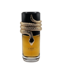 The image depicts a perfume bottle with the following details:  The bottle contains amber-colored liquid, suggesting the presence of perfume inside. It has a unique design featuring a thick, gold-colored rope wrapped around the neck of the bottle, ending with a tail-like design at the top. The cap of the bottle is black, contrasting with the gold rope design. The front of the bottle has the brand name in black, stylized font that reads "مسامم" (Musamam) and "Lattafa."