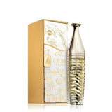 The image displays a perfume bottle alongside its box. The bottle has a unique, tapered design with a metallic cap and clear glass showcasing a golden-colored fragrance. It features elegant, gold Arabic script and the name "SONDOS" in both Arabic and English in a bold, modern font against a patterned background. The accompanying box mirrors the bottle's design, with gold accents, Arabic calligraphy, and illustrations of birds and foliage in a delicate, artistic style.