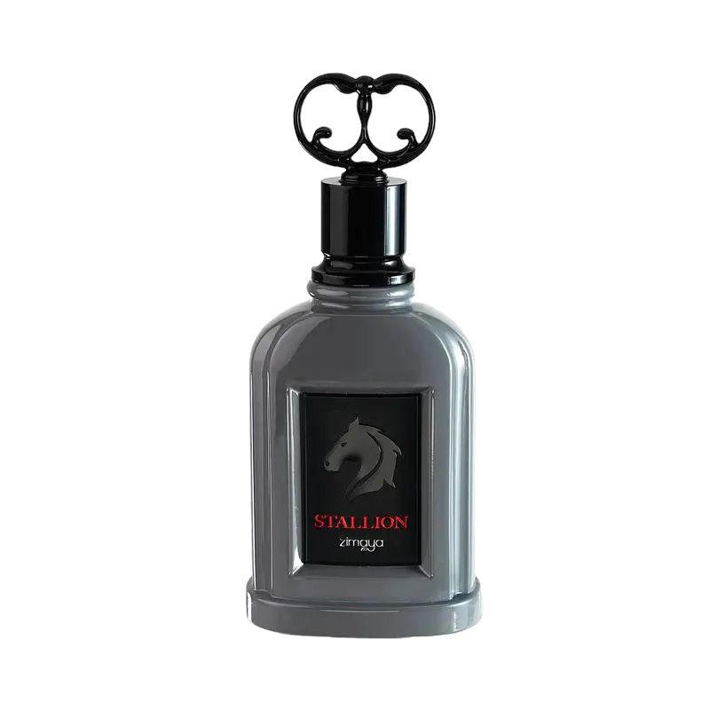 The image shows a bottle of "Stallion" eau de parfum by Zimaya. The perfume bottle is an elegant, glossy gray with a rectangular shape and rounded edges. It has a black cap with an ornate, circular handle on top. The front of the bottle features a black label with a silver horse head silhouette and red text that reads "STALLION" and "zimaya."