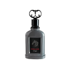 The image shows a bottle of "Stallion" eau de parfum by Zimaya. The perfume bottle is an elegant, glossy gray with a rectangular shape and rounded edges. It has a black cap with an ornate, circular handle on top. The front of the bottle features a black label with a silver horse head silhouette and red text that reads "STALLION" and "zimaya."