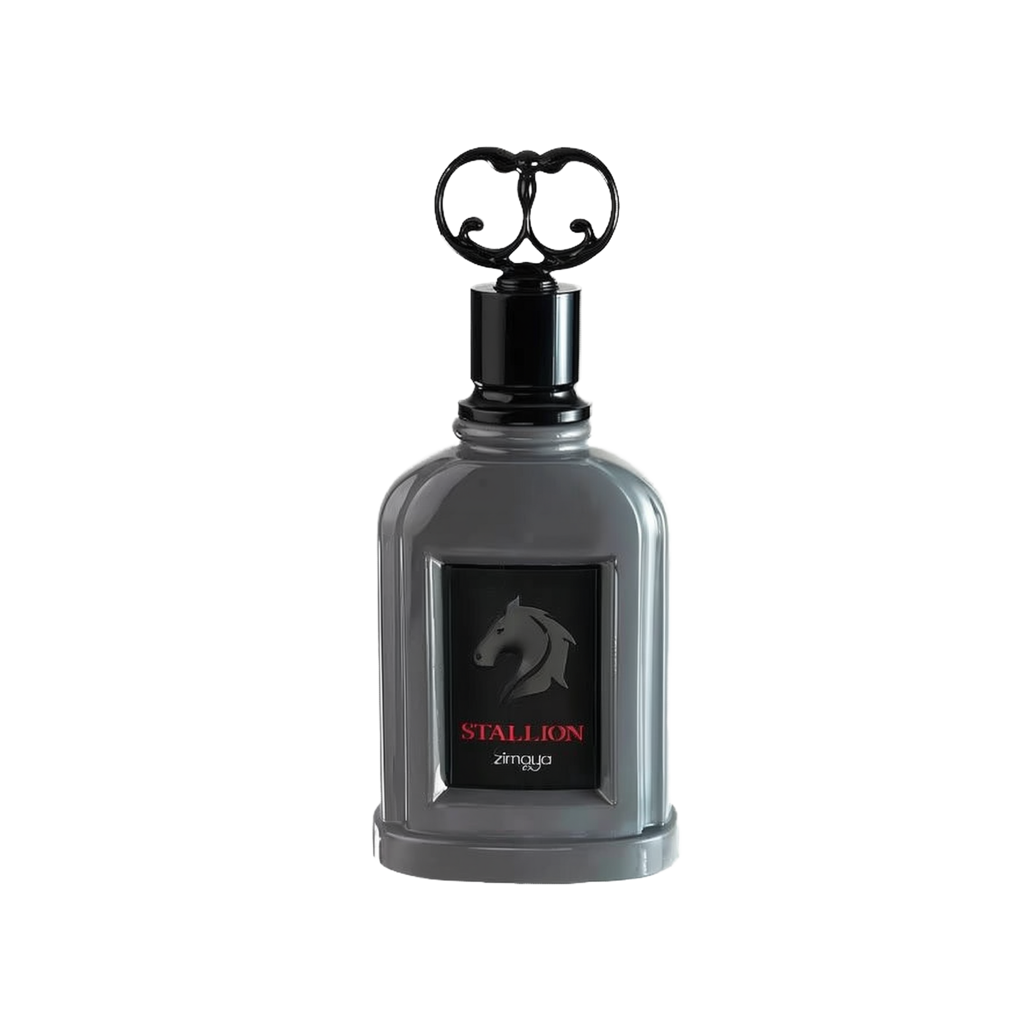 The image shows a bottle of "Stallion" eau de parfum by Zimaya. The perfume bottle is an elegant, glossy gray with a rectangular shape and rounded edges. It has a black cap with an ornate, circular handle on top. The front of the bottle features a black label with a silver horse head silhouette and red text that reads "STALLION" and "zimaya."