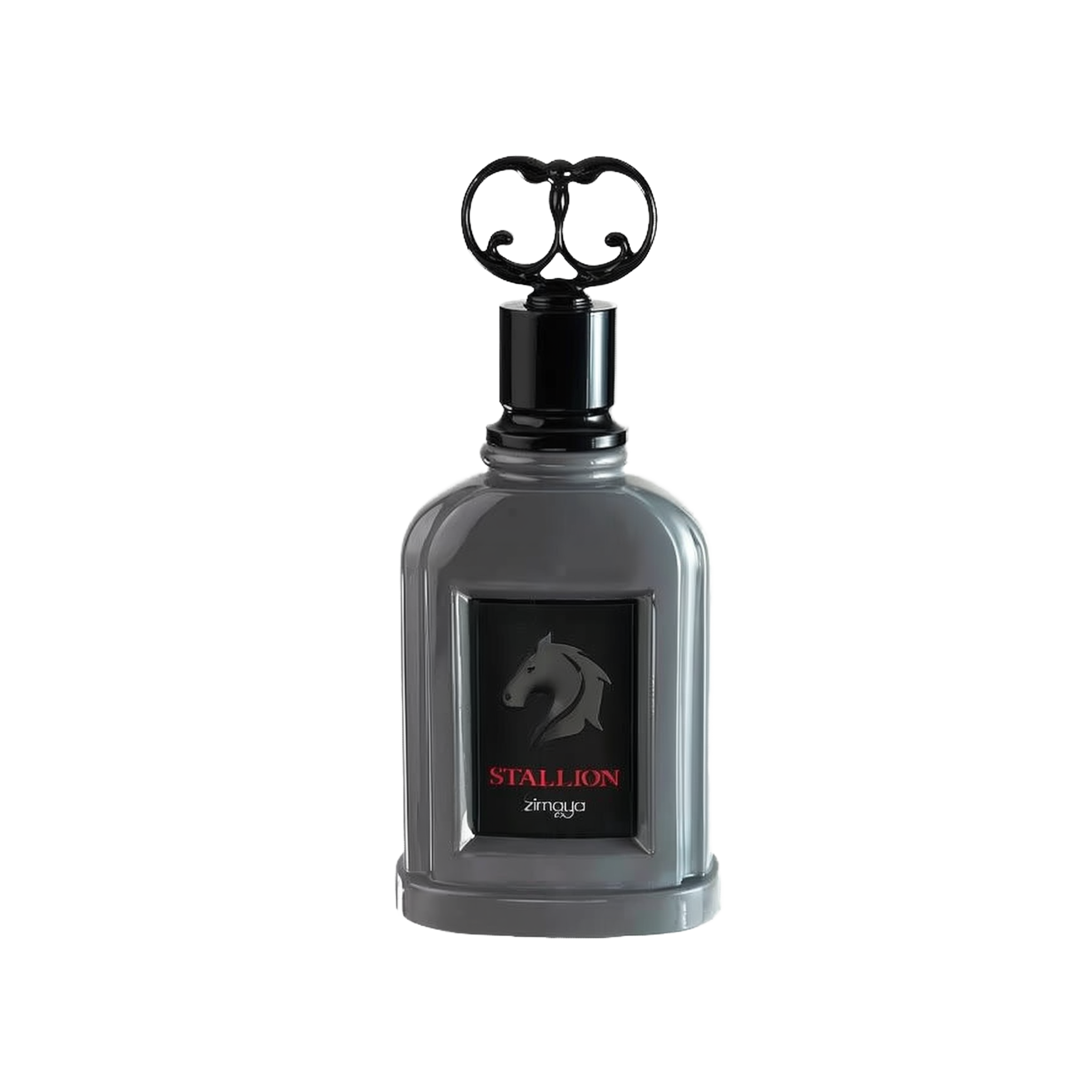The image shows a bottle of "Stallion" eau de parfum by Zimaya. The perfume bottle is an elegant, glossy gray with a rectangular shape and rounded edges. It has a black cap with an ornate, circular handle on top. The front of the bottle features a black label with a silver horse head silhouette and red text that reads "STALLION" and "zimaya."
