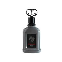 The image shows a bottle of "Stallion" eau de parfum by Zimaya. The perfume bottle is an elegant, glossy gray with a rectangular shape and rounded edges. It has a black cap with an ornate, circular handle on top. The front of the bottle features a black label with a silver horse head silhouette and red text that reads "STALLION" and "zimaya."