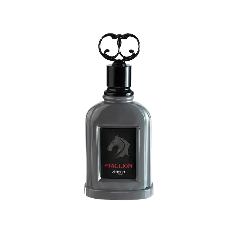 The image shows a bottle of "Stallion" eau de parfum by Zimaya. The perfume bottle is an elegant, glossy gray with a rectangular shape and rounded edges. It has a black cap with an ornate, circular handle on top. The front of the bottle features a black label with a silver horse head silhouette and red text that reads "STALLION" and "zimaya."