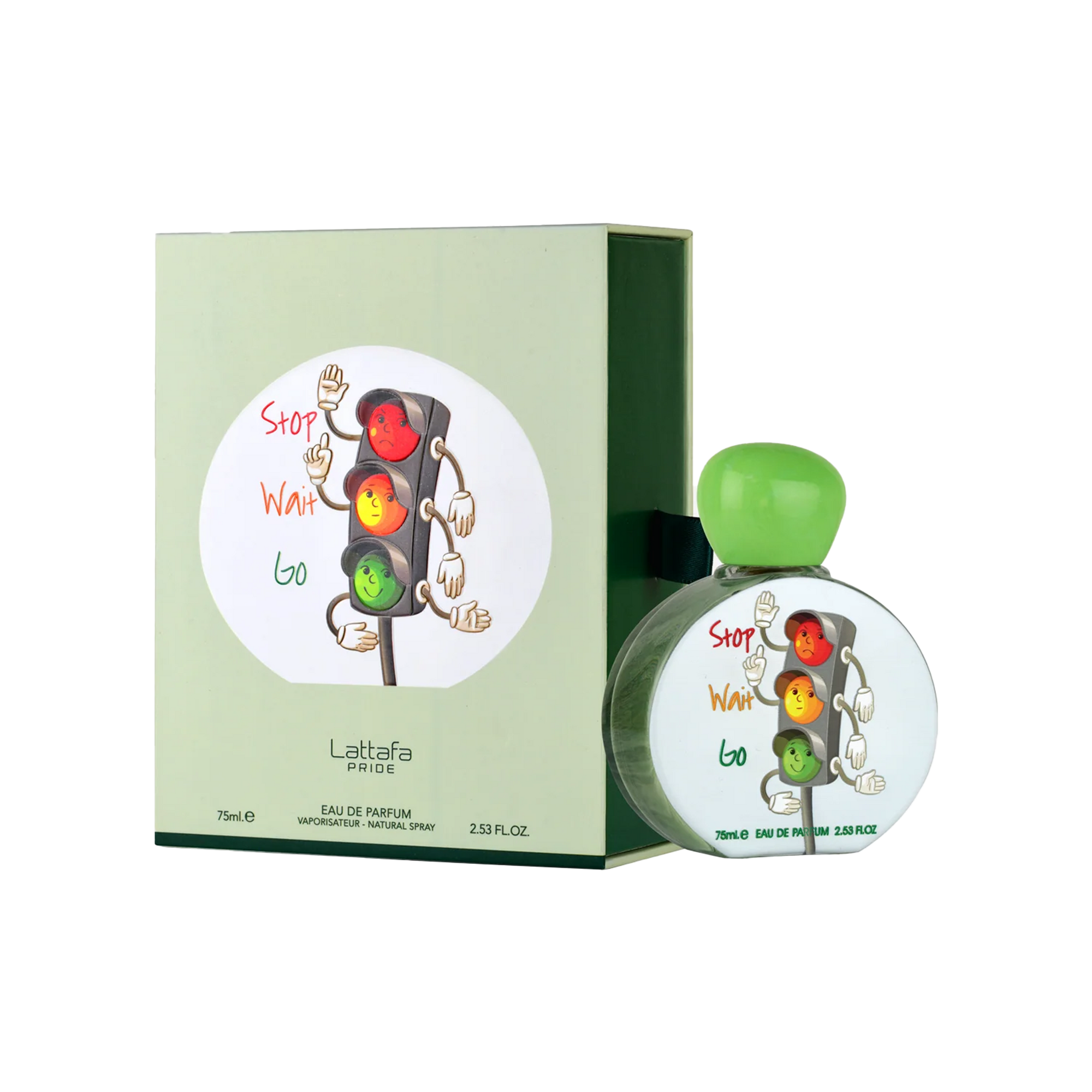 Lattafa Stop Wait Go perfume with green box and round bottle featuring cartoon traffic lights with faces.