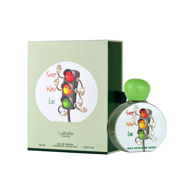 Lattafa Stop Wait Go perfume with green box and round bottle featuring cartoon traffic lights with faces.