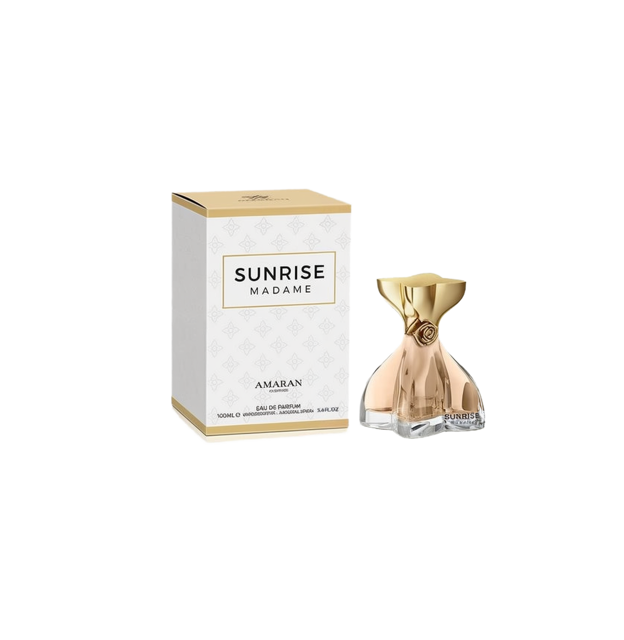 A feminine perfume bottle with a sculpted bow-like shape in a transparent peach hue, topped by a metallic gold cap featuring a small rose detail. The front reads “Sunrise Madame,” and the bottle is displayed next to a white and gold box marked “Sunrise Madame” by Amaran, indicating 100ml Eau De Parfum.